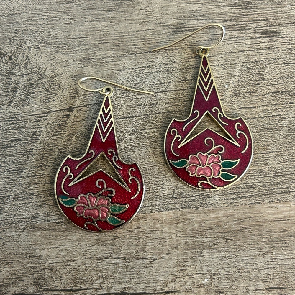 Vintage Genuine Cloisonne Earrings Dangle Red Floral Large Cut Out Classic